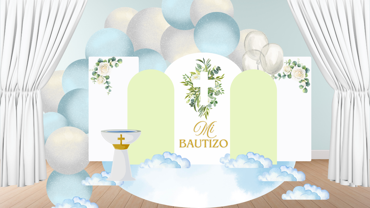 Mi Bautizo Backdrop with Floor Wrap and Favors Bundel – Cristian Decoration | Printable 8x8 Panels Party Bundle- Bautizo Paquete de Fiesta