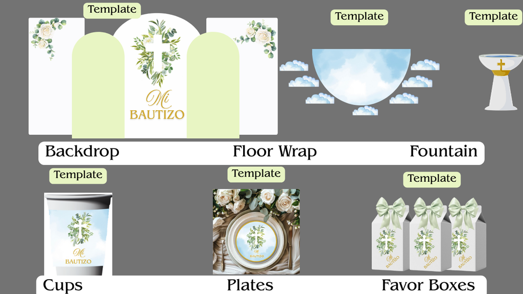 Mi Bautizo Backdrop with Floor Wrap and Favors Bundel – Cristian Decoration | Printable 8x8 Panels Party Bundle- Bautizo Paquete de Fiesta