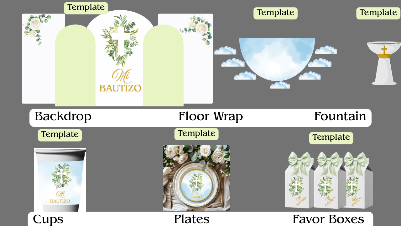 Mi Bautizo Backdrop with Floor Wrap and Favors Bundel – Cristian Decoration | Printable 8x8 Panels Party Bundle- Bautizo Paquete de Fiesta