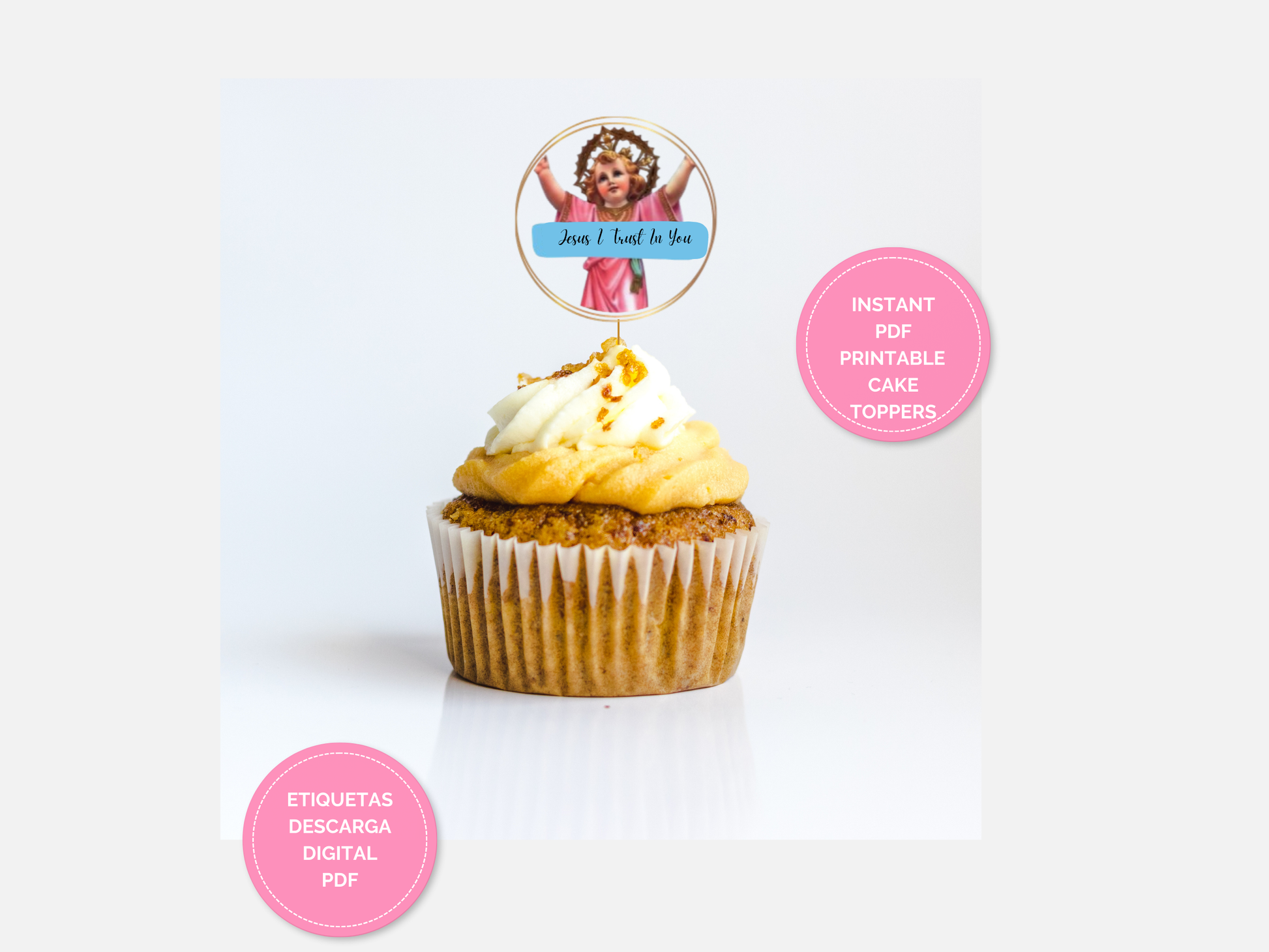Divine Child Jesus Printable Topper, Catholic Religious Tag, Digital PDF, Baby Jesus, Divino Niño Jesús Cupcake, Party Favors In English