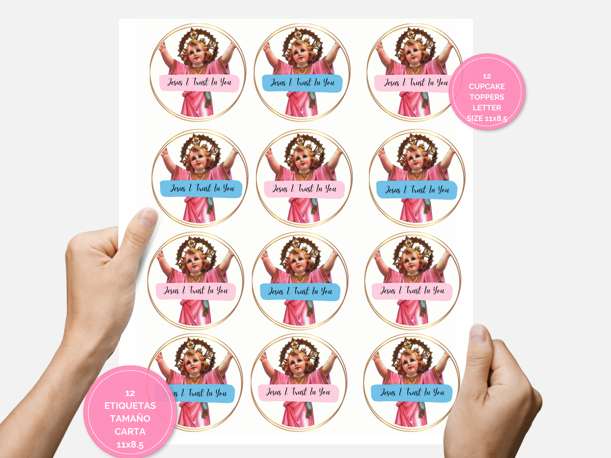 Divine Child Jesus Printable Topper, Catholic Religious Tag, Digital PDF, Baby Jesus, Divino Niño Jesús Cupcake, Party Favors In English
