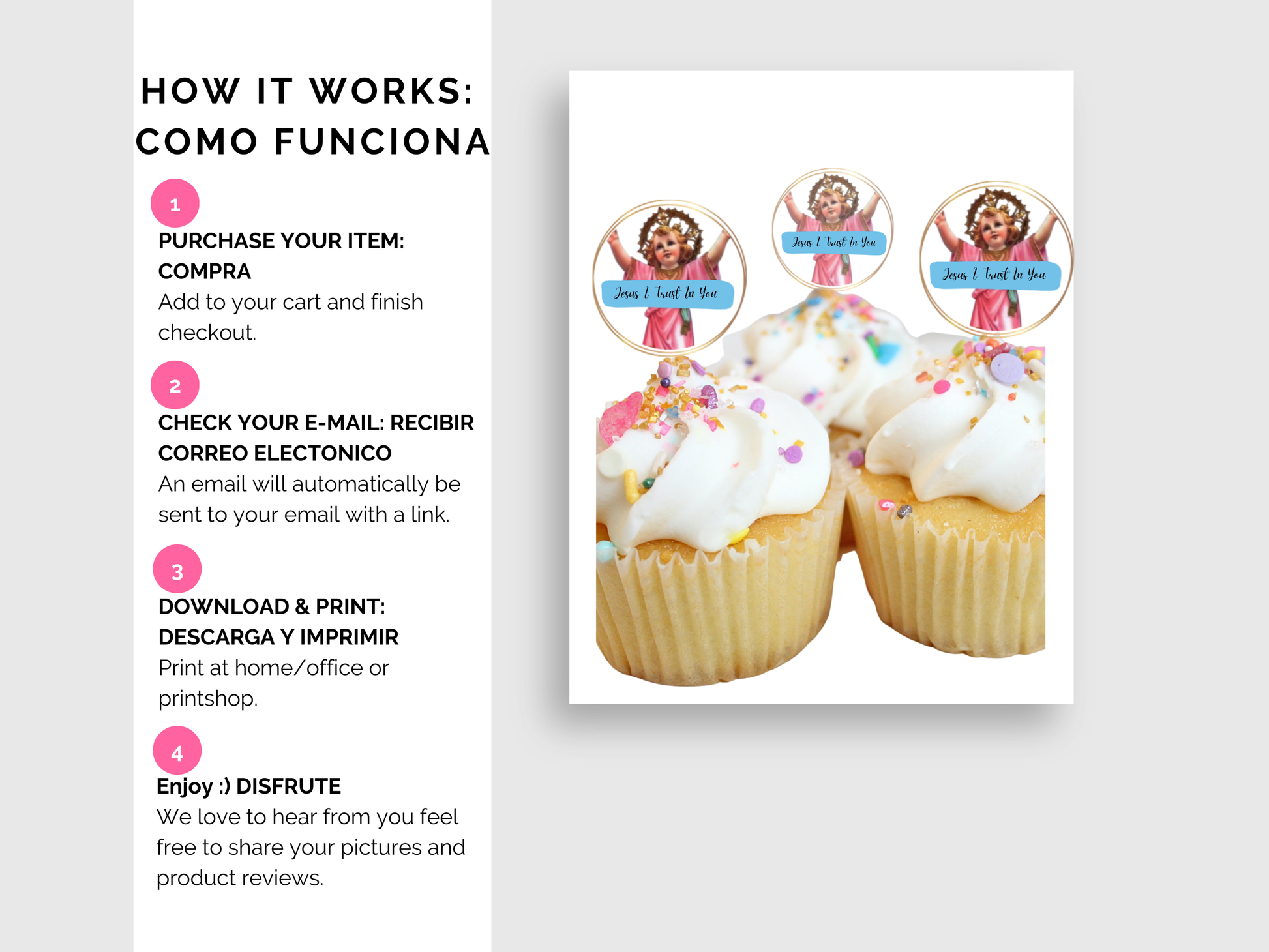 Divine Child Jesus Printable Topper, Catholic Religious Tag, Digital PDF, Baby Jesus, Divino Niño Jesús Cupcake, Party Favors In English