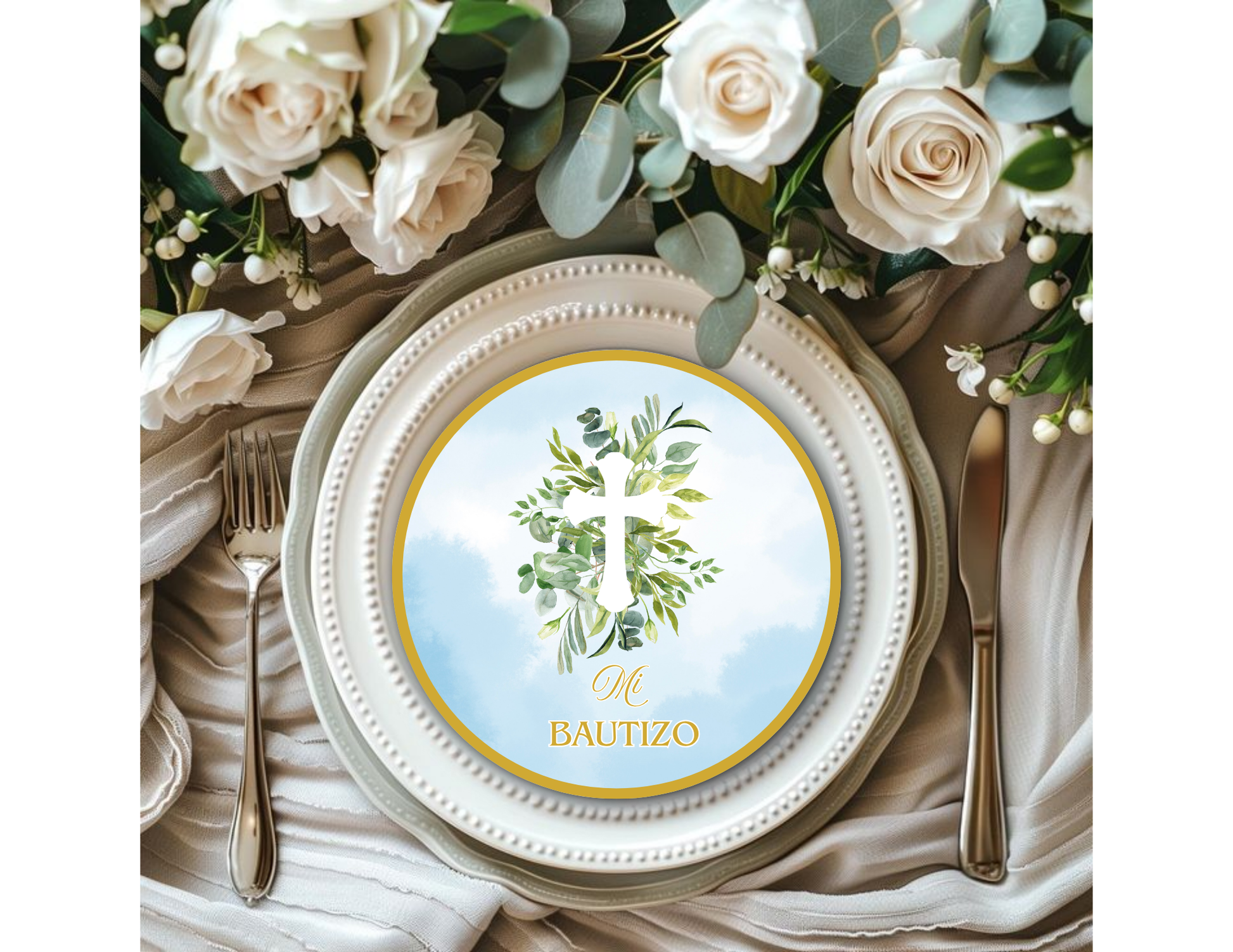 Mi Bautizo Backdrop with Floor Wrap and Favors Bundel – Cristian Decoration | Printable 8x8 Panels Party Bundle- Bautizo Paquete de Fiesta